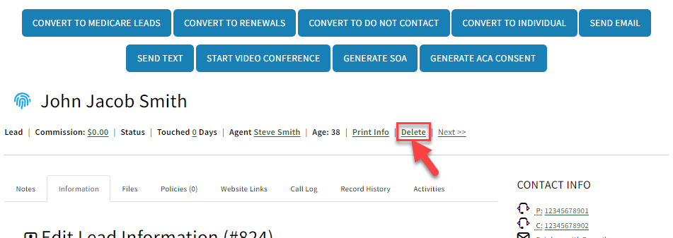 Screenshot showing how to delete a Lead record