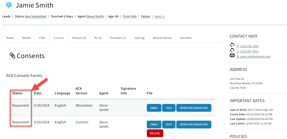 Screenshot showing the consent form status on the Files tab of a Lead record