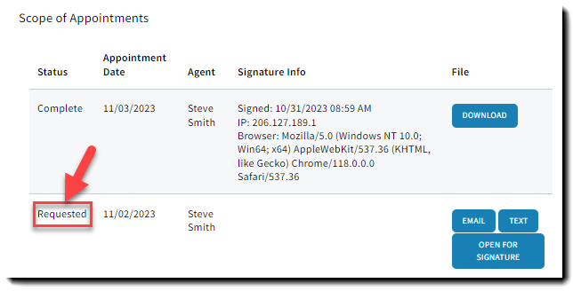 Screenshot showing a 'Requested' Scope of Appointment status