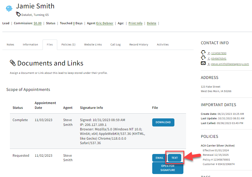 Screenshot showing how to send an Scope of Appointment via SMS text message