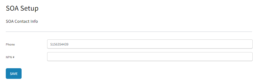 Screenshot showing the phone number and NPN number fields