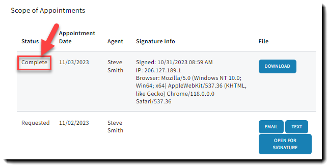 Screenshot showing a 'Complete' Scope of Appointment status