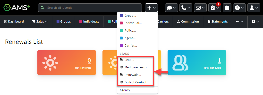 Screenshot showing how to add a new Lead from the AMS+ app header +New menu