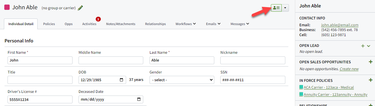 Screenshot showing how to expand the right-hand summary in an Individual record