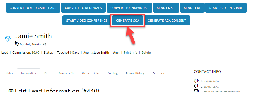 Screenshot showing the button to generate an SOA