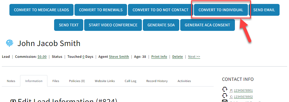 Screenshot showing how to convert a Lead to a client record