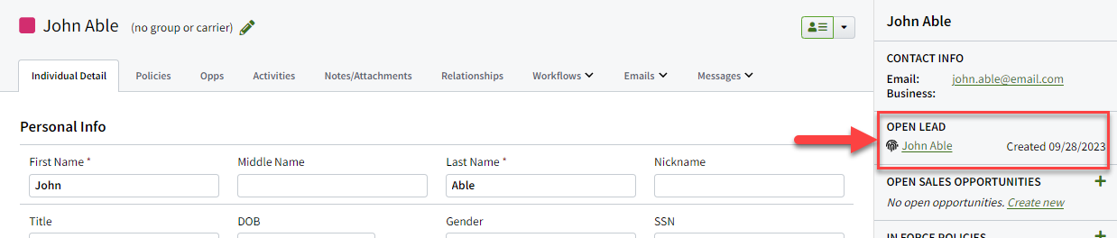 Screenshot showing where to view an Individual's open Lead in the right-hand summary