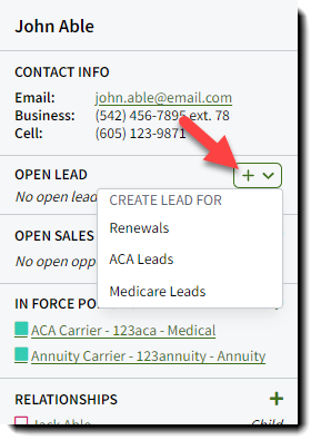 Screenshot showing how to create a new Lead for an existing Individual in the right-hand summary