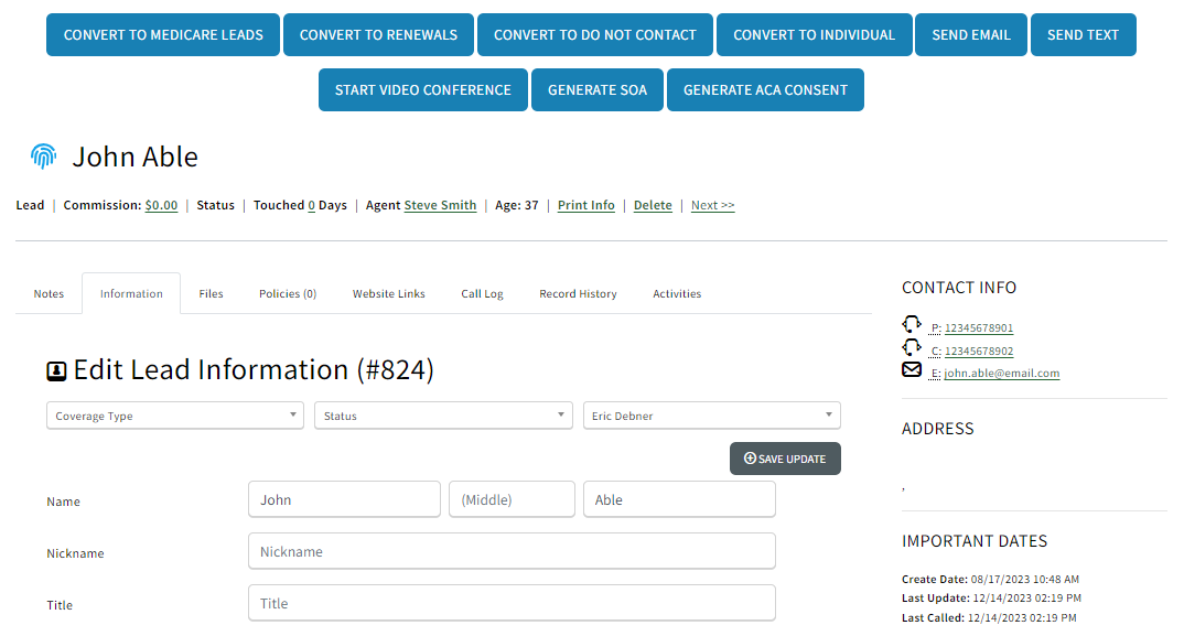 Screenshot showing a new Lead created from an existing Individual