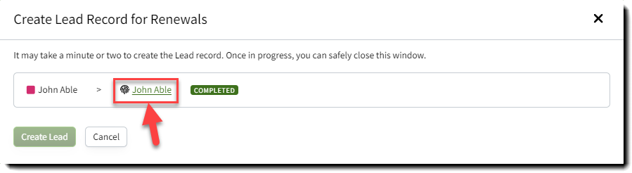 Screenshot showing a Lead creation window with a status of Completed