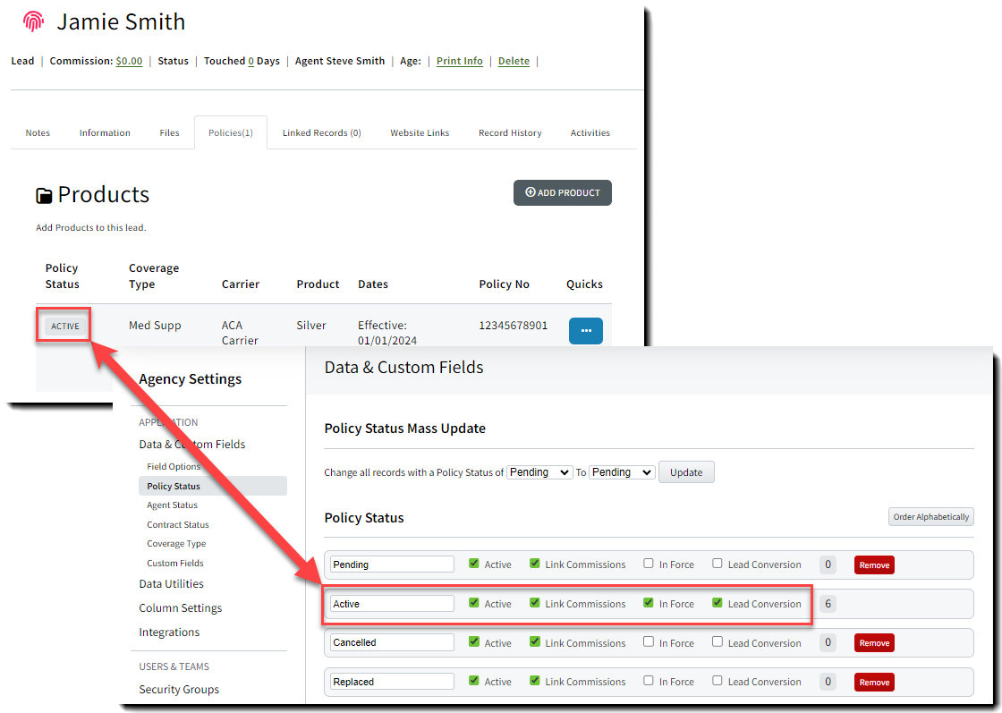 Image showing a Lead Product's Policy Status and how it determines whether a Lead Product is converted into a Policy or not