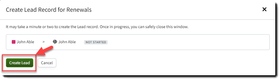 Screenshot showing a Lead creation window with a status of Not Started