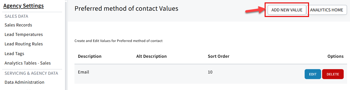 Screenshot showing how to add a new field value to an Analytic Table