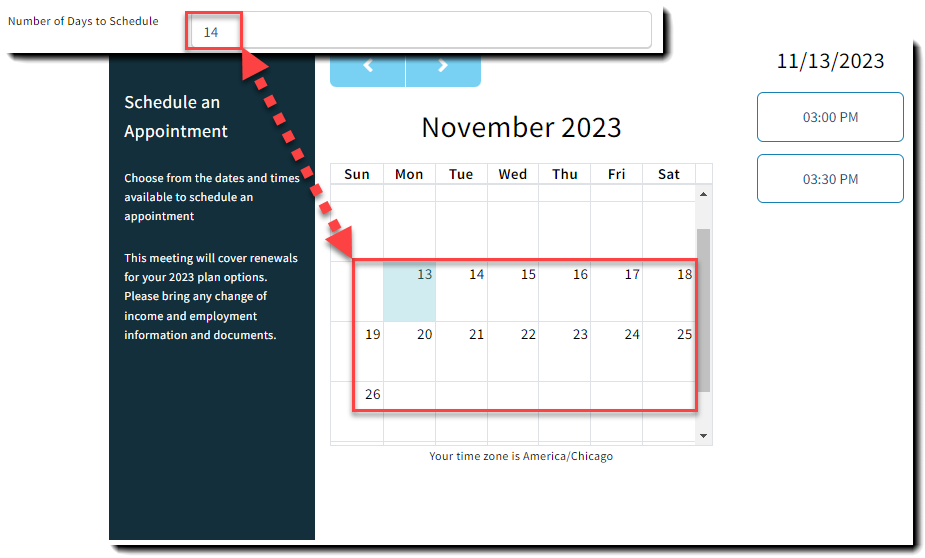 Screenshot showing the available number of days to display in the scheduler