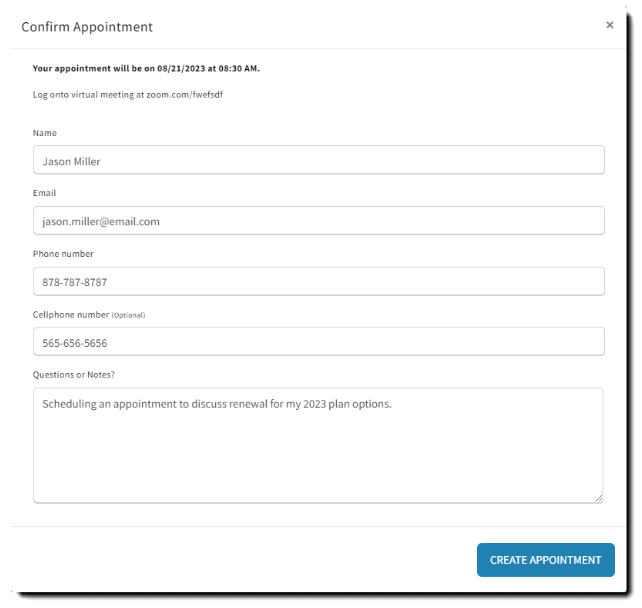 Screenshot showing the scheduler's confirmation form fields
