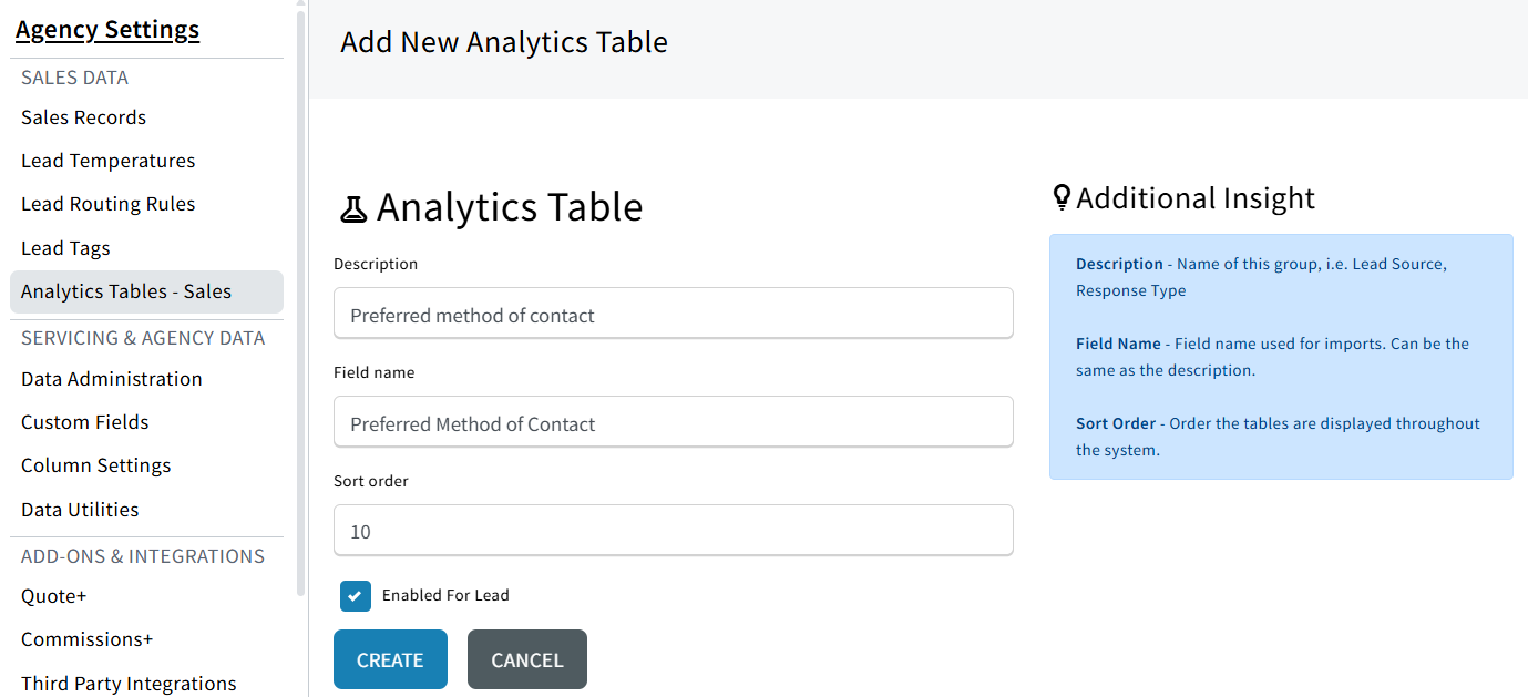 Screenshot showing how to edit and create a new Analytic Table
