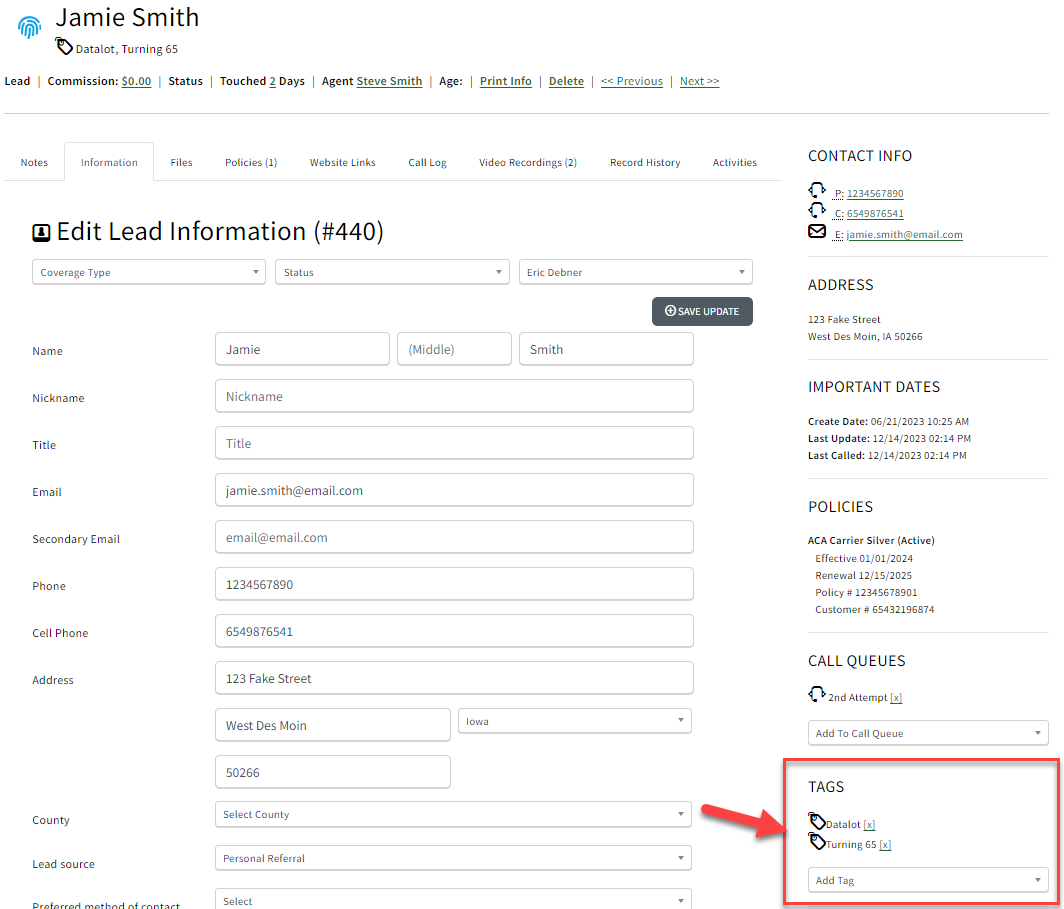 Screenshot showing how to apply Tags to a Lead record