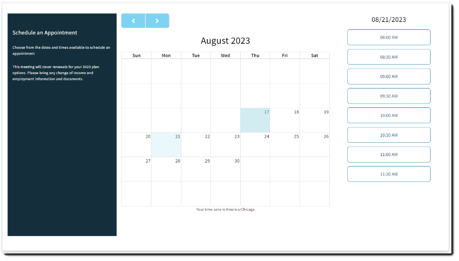 Screenshot showing what someone might see if they were scheduling an appointment using the scheduler