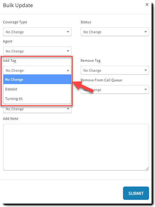 Screenshot showing how to select the Tag you want to add to all selected Leads