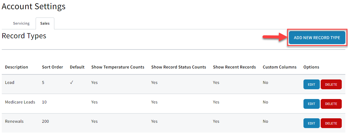 Screenshot showing how to add a new Record Type