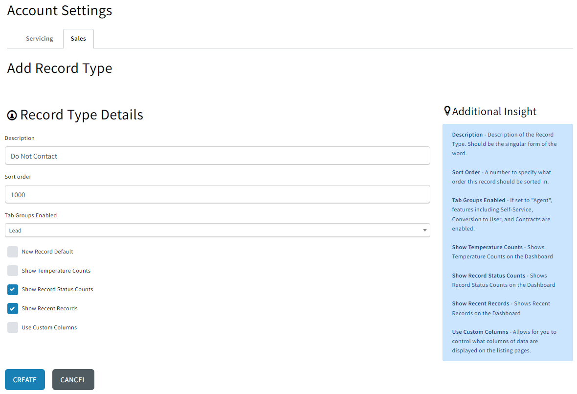 Screenshot showing the Record Type Details