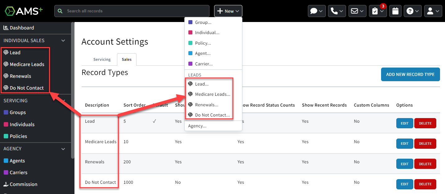 Screenshot showing Record Types in the left-hand navigation and +New menu