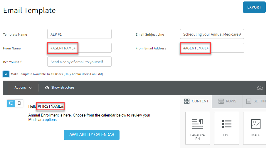 Screenshot showing an email template example