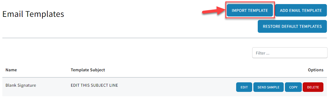 Screenshot showing how to navigate to the template import page