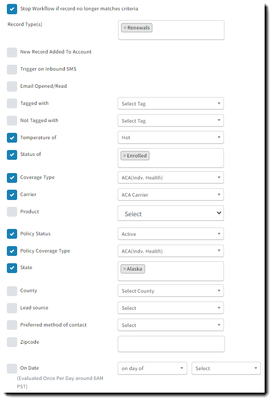 Screenshot showing the trigger criteria for a Sales Enablement workflow