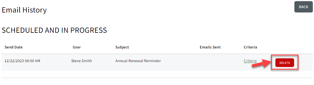 Screenshot showing how to view email history for Sales Enablement email campaigns