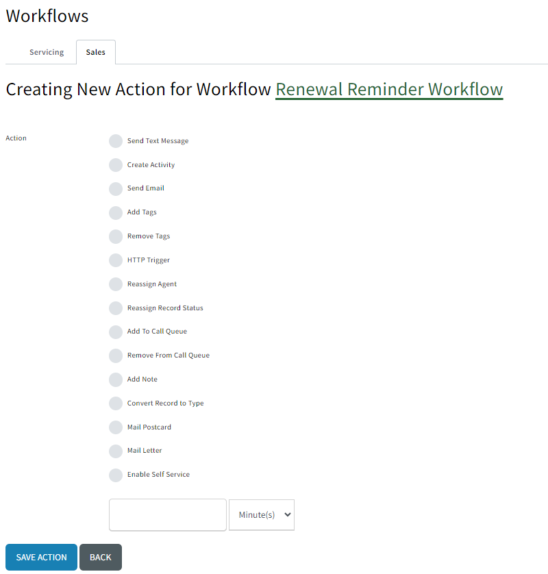 Screenshot showing the available Actions for a Sales Enablement workflow