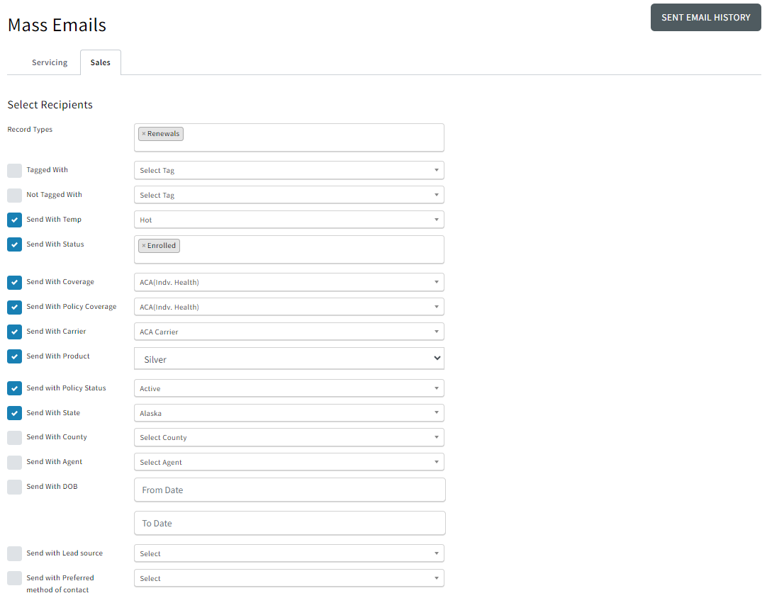 Screenshot showing how to set up a Sales Enablement email campaign