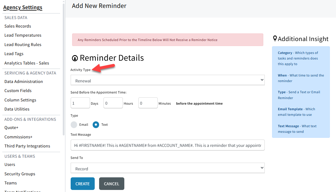 Screenshot showing the reminder's Activity Type
