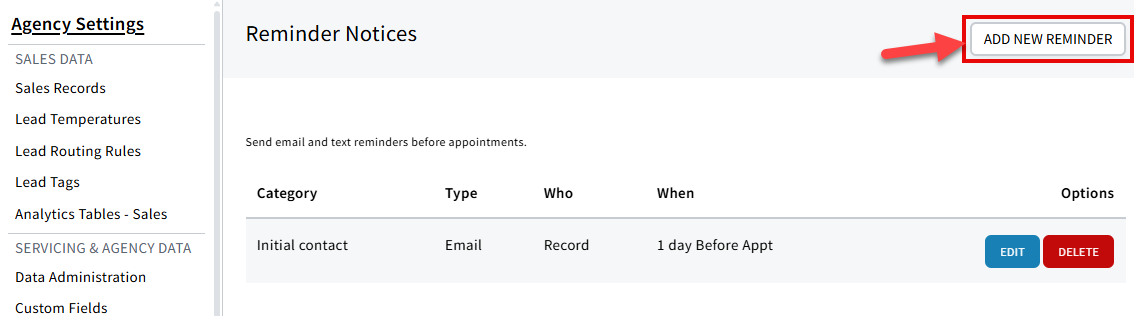Screenshot showing how to add a new reminder on the Appointment Reminders page in settings