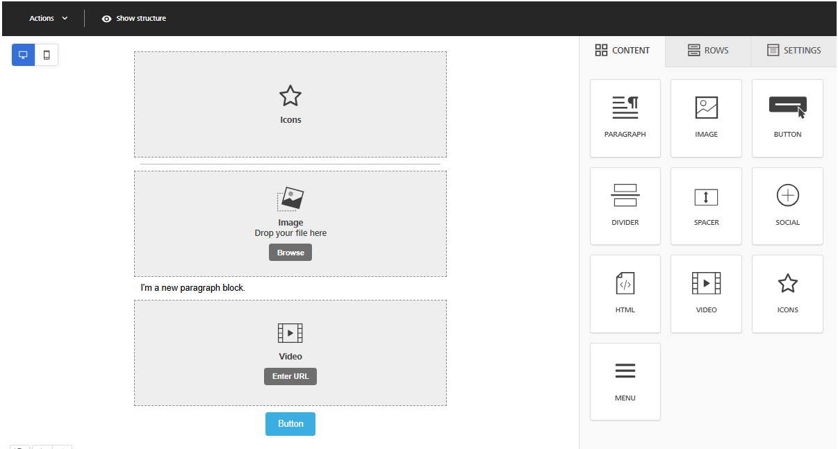 Screenshot showing content blocks in the email editor