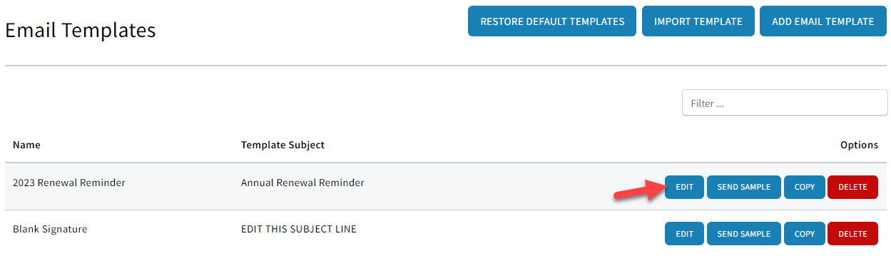 Screenshot showing how to edit a template to access the export option