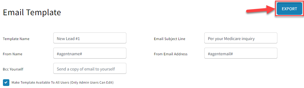 Screenshot showing the export button on an email template
