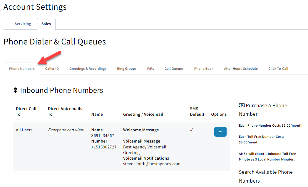 Screenshot showing how to navigate to the Phone Numbers tab