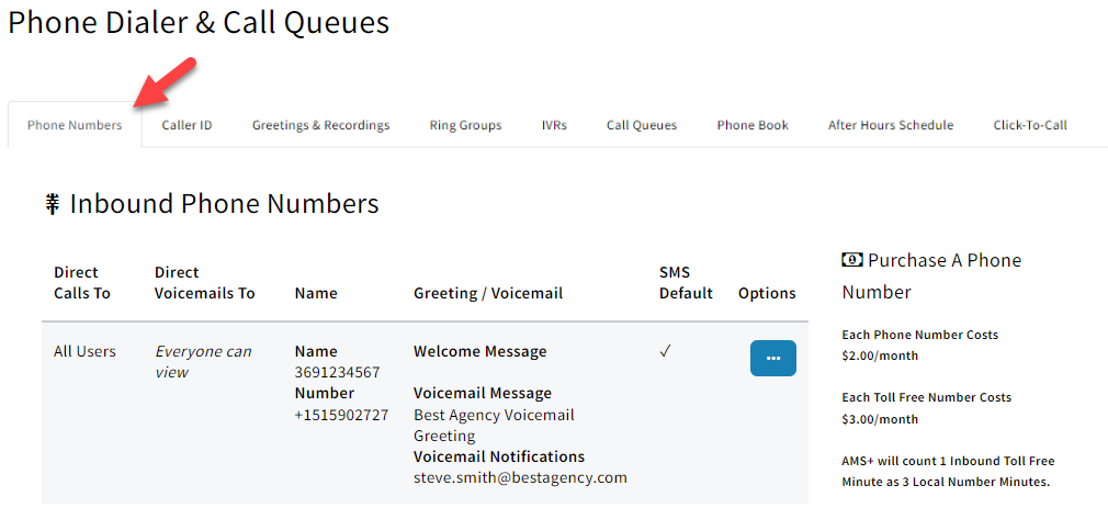 Screenshot showing how to navigate to the Phone Numbers tab