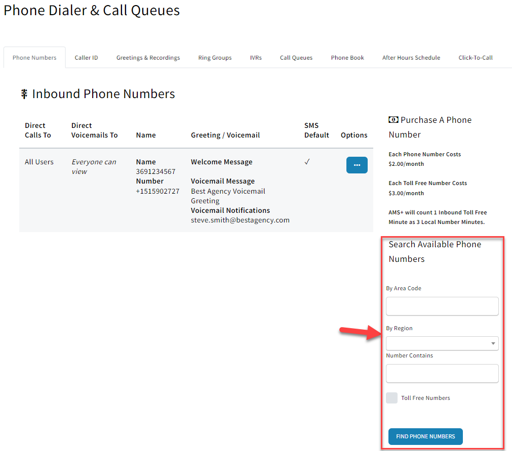 Screenshot showing where to search for available VOIP numbers