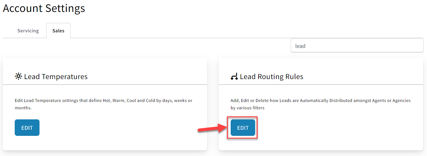 Screenshot showing how to navigate to the Lead Routing Rules in settings