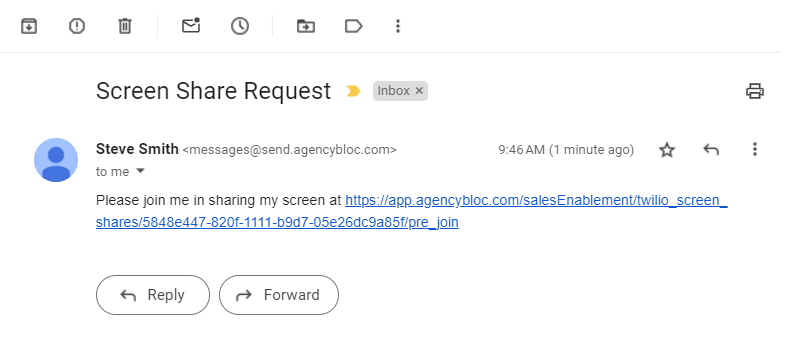 Screenshot showing the screen-sharing link in an email