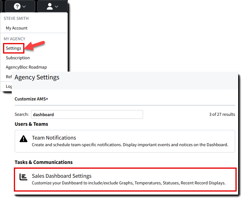 Screenshot showing how to navigate to Sales Dashboard Settings