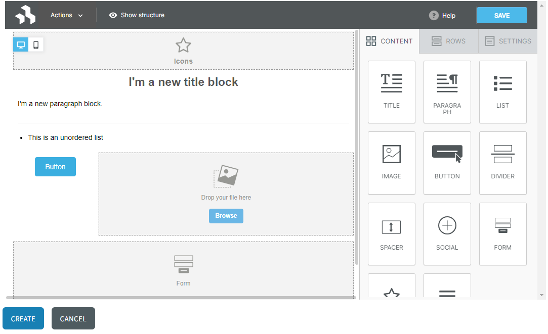 Screenshot showing content blocks in the webpage builder