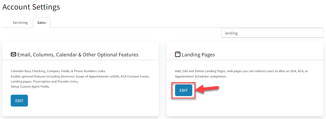 Screenshot showing how to navigate to the Landing Page settings