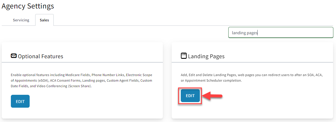 Screenshot showing how to navigate to the Landing Page settings