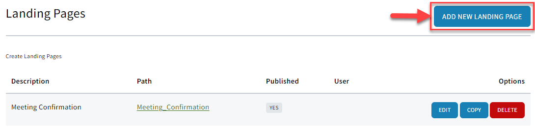 Screenshot showing how to add a new landing page