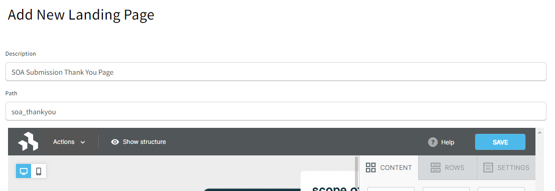 Screenshot showing the landing page name