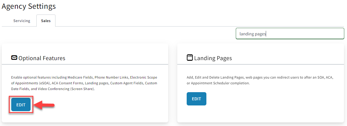 Screenshot showing how to navigate to user-level landing page settings