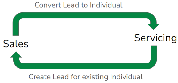 Infographic illustrating the cyclical functionality of Lead records and Individual records in AMS+